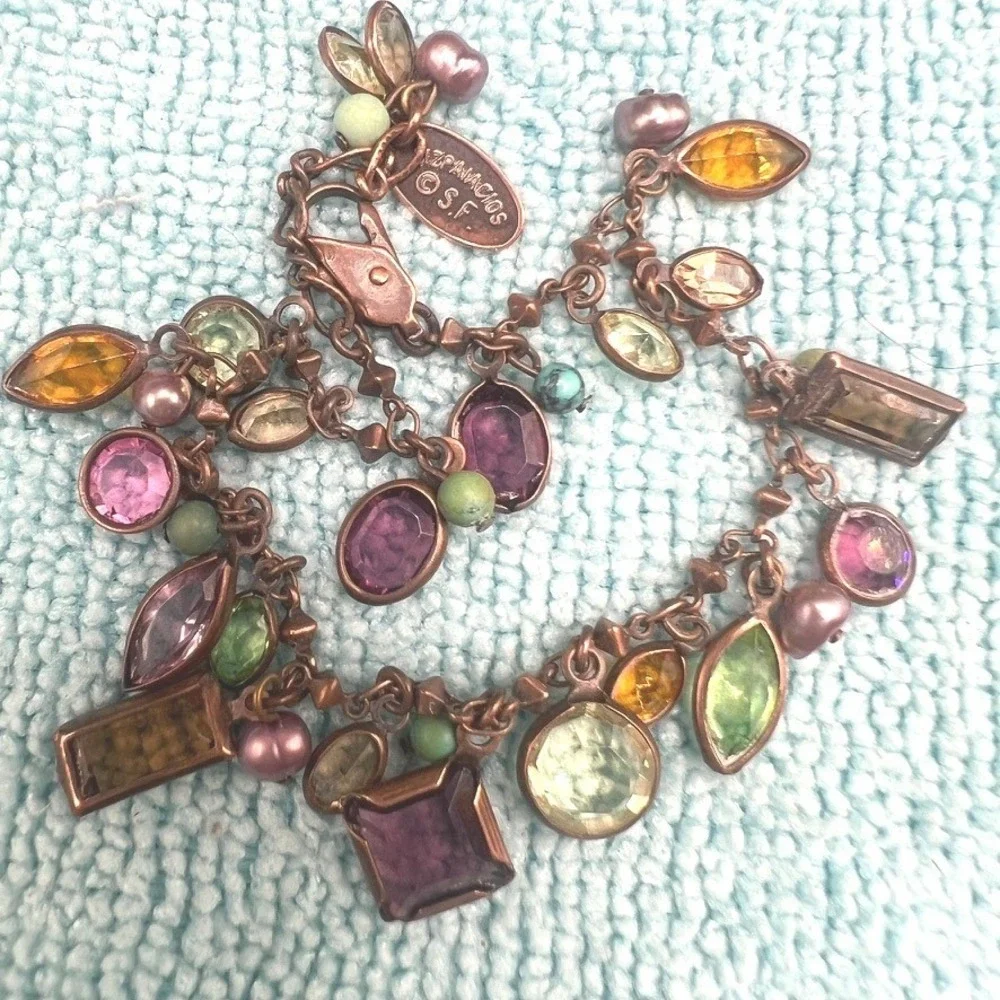 Liz Palacios SF Charm Bracelet Brass Bezel Set Crystals Multi Colored 7.5 READ